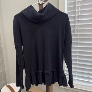 Pink Lily Black Cowl Neck Ruffle Hem Sweater